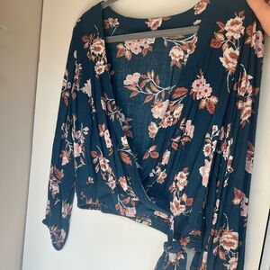 American Eagle Outfitters Floral Wrap Blouse - Dark Blue and Pink